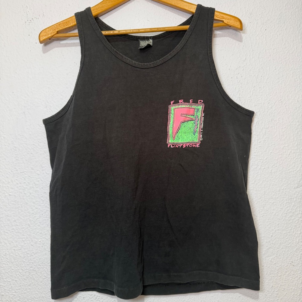 Vintage 1990 Fred Flintstone Great America Tank Top Neon Puff Print M Black
